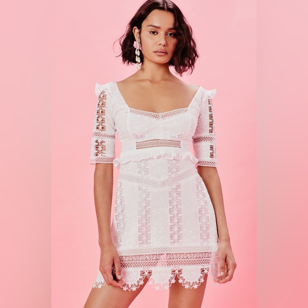 For Love And Lemons Amandine Mini Dress Off White Lace Short Sleeve Embroidered